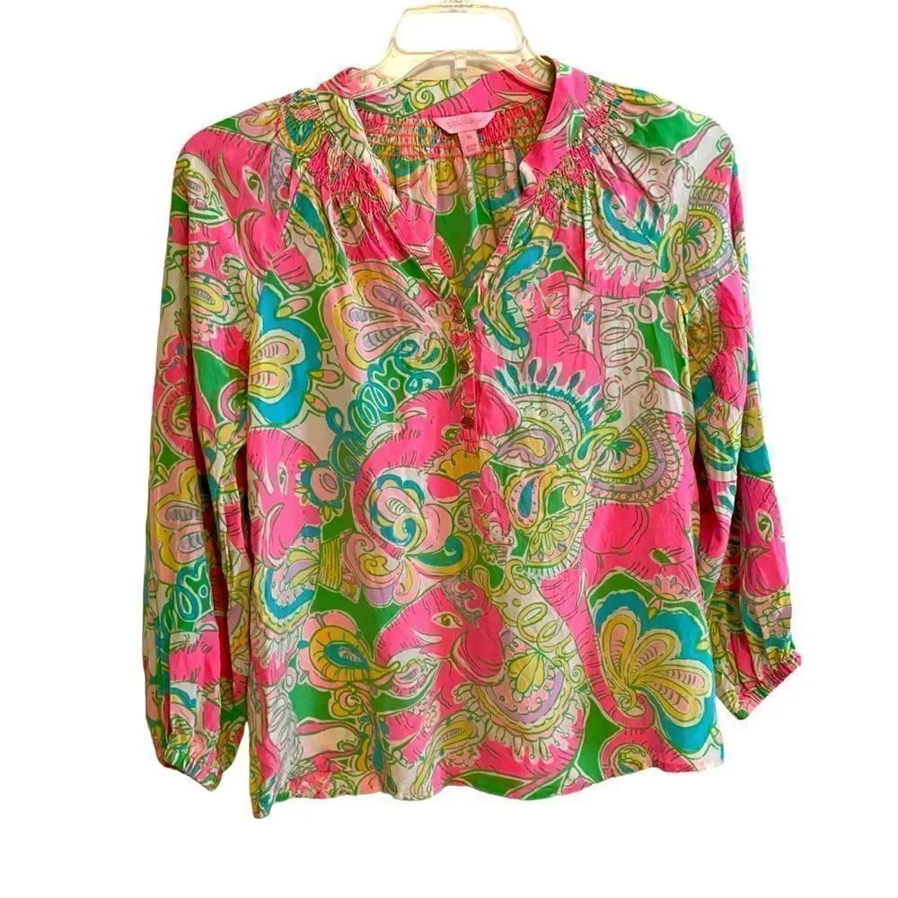 Lilly Pulitzer Pink Floral Long Sleeve Blouse Sz XS